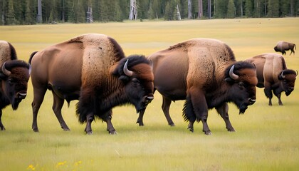 A Group Of Bison Grazing Peacefully In A Meadow