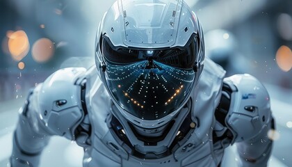 Create a highly detailed, futuristic, cinematic concept art illustration of a soldier wearing a white and grey exoskeleton armor with a helmet visor that has a blue digital display