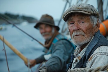 Obraz premium Two elderly men fishing from a boat at dawn, enjoying a quiet morning on a calm lake.