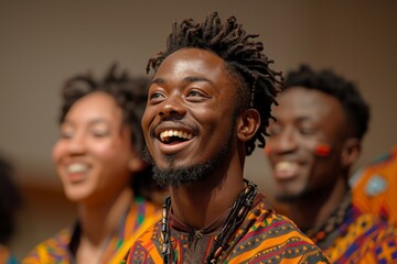Group of young African men singing joyfully in traditional attire, with vibrant expressions and attire.