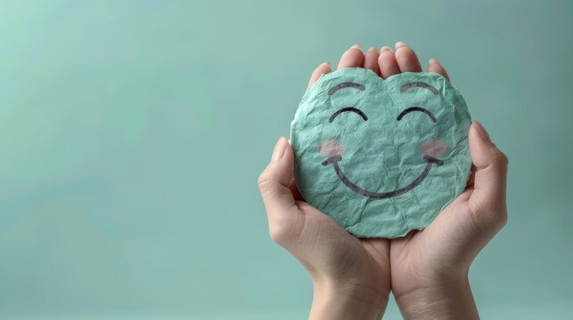Hand holding green paper cut smile face on green background. positive thinking. mental health assessment . world mental health day concept