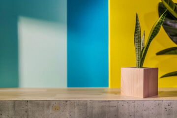 Vibrant minimalist home decor in contrasting colors. Interior design composition with high contrasts and shadows.
