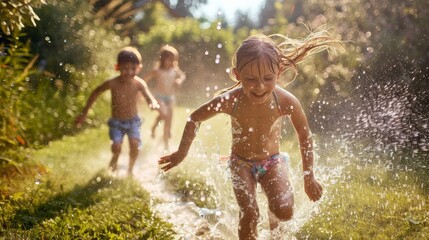 Children running through a sprinkler in a backyard on a hot day
