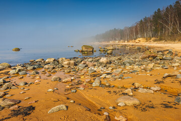Veczemju Klintis, Veczemju Cliffs on Baltic Sea Near Tuja, Latvia. Beautiful Sea Shore With Limestone and Sand Caves - obrazy, fototapety, plakaty