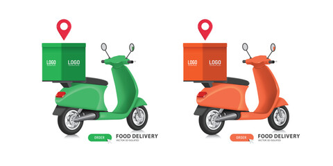 food delivery concept ,green and orange food bag or box is placed on motorcycle or scooter With a red map pin to indicate where will be delivered to customers, vector 3d isolated on white background © John k studio