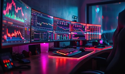A professional trader sits at his desk, surrounded by multiple monitors displaying live stock market data