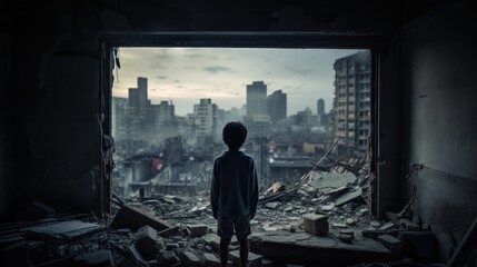 A child looks at a destroyed city from inside the house. The dangers of war.