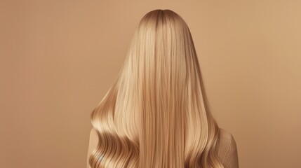 Fototapeta premium A long hair. Woman with straight blonde hair on beige background