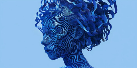 Dynamic blue wave stripes transform to abstract silhouette of  portrait woman transformed into sound waves designed background 