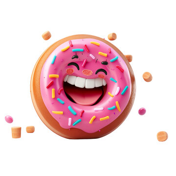 A 3D cartoon character of a joyful donut, with pink frosting and sprinkles, laughing with sugar dust, isolated on a white background.
