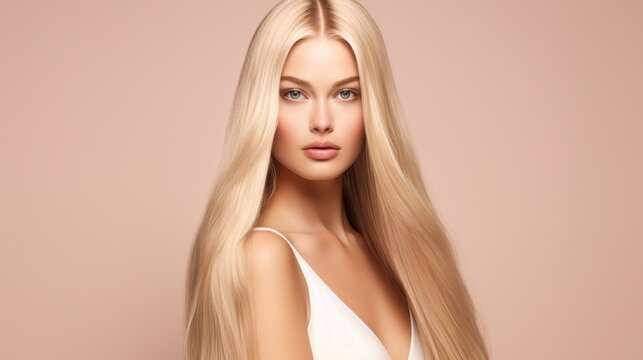 A long hair. Woman with straight blonde hair on beige background