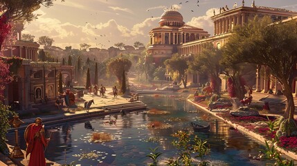An ancient Mediterranean city on the desert outskirts, featuring abundant trees and colorful flora, tranquil pools of water, people strolling leisurely