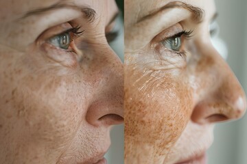 Close up before and after photo of a persons face