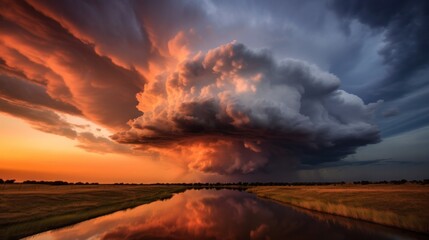 A structured supercell thunderstorm, sunset sky