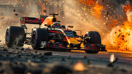Close-up photograph of a Red Bull Formula 1 car against a dynamic, exploding background.