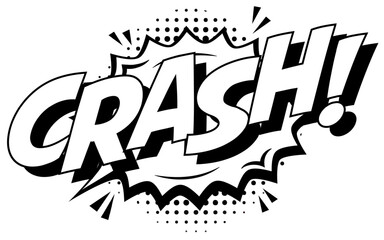 Crash pop art style black white color dotted background, reminiscent of classic comic book exclamations