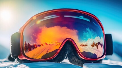 A man's ski goggles with reflection of snow-covered ski field. wearing ski goggles winter sports