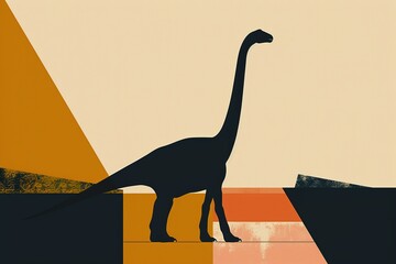 A minimalist poster of a Diplodocus silhouette against a bold, geometric background. The design focuses on the elegance of the dinosaur's shape, using a limited color palette and sharp contrasts