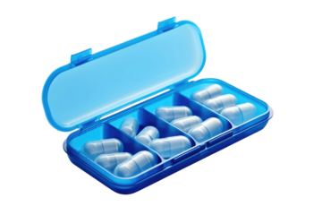 Ocean of Healing: A Blue Case Overflowing With White Pills on White or PNG Transparent Background.