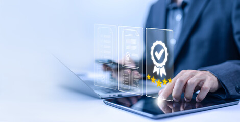 service best certification industrial, quality control concept. service system business certificate standard iso digital technology. quality guarantee process and  satisfaction with customers
