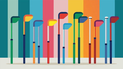 A wall lined with colorful golf clubs showcasing that good quality doesnt always have to come at a high price.. Vector illustration