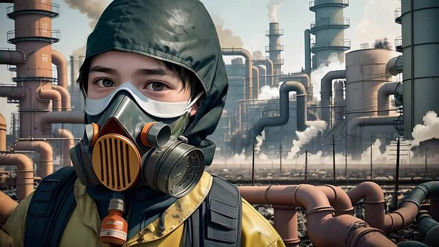Kid boy wearing chemical protective mask and suit against factory, flipbook style animation. Polluted atmosphere concept.High quality 4k footage