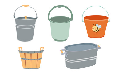 Basin, bucket icons. Plastic, metal, wooden washbowl and pails isolated. Vector. Set water containers for garden , farm or wash on white background. Flat design. Colorful cartoon illustration.