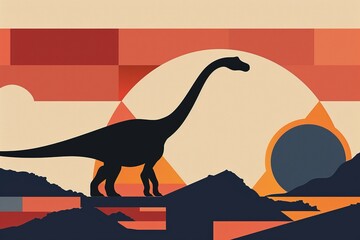 A minimalist poster of a Diplodocus silhouette against a bold, geometric background. The design focuses on the elegance of the dinosaur's shape, using a limited color palette and sharp contrasts