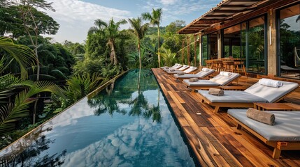 A tropical villa's pool exterior with a wooden deck and a row of sun beds facing a reflective water feature