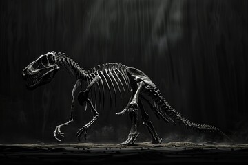 An artistic interpretation of an Allosaurus skeleton illuminated by soft, dramatic spotlighting against a dark background, focusing on the beauty of its skeletal architecture