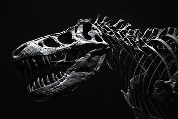 An artistic interpretation of an Allosaurus skeleton illuminated by soft, dramatic spotlighting against a dark background, focusing on the beauty of its skeletal architecture