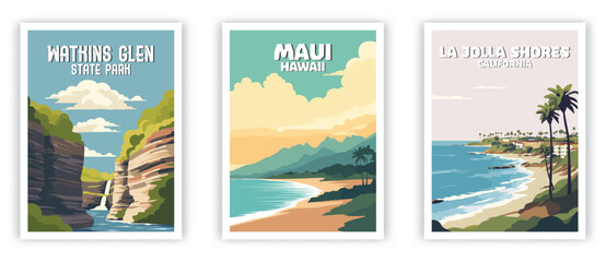 Watkins Glen, Maui, La Jolla Shores Illustration Art. Travel Poster Wall Art. Minimalist Vector art