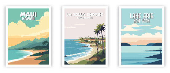 Maui, La Jolla Shores, Lake Erie Illustration Art. Travel Poster Wall Art. Minimalist Vector art