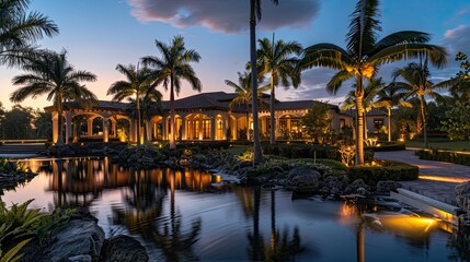 A villa's exterior at twilight, with landscape lighting highlighting the palm trees and water...