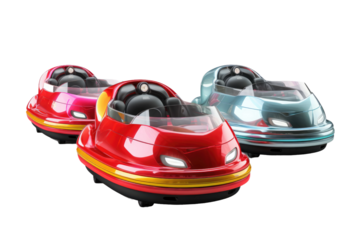 Trio of Whimsical Bumper Cars in a Row on White or PNG Transparent Background.