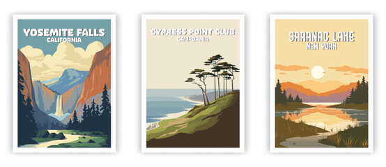 Yosemite Falls, Cypress Point Club, Saranac Lake Illustration Art. Travel Poster Wall Art. Minimalist Vector art