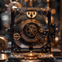 The image is a close-up of a steampunk style mechanical device. Gears, cogs and rivets are visible. - obrazy, fototapety, plakaty