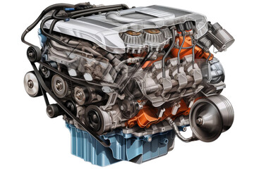 The Mechanical Heartbeat: A Masterpiece of Car Engine on White or PNG Transparent Background.