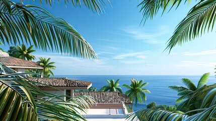 Fototapeta premium A villa's exterior with a rooftop terrace, palm trees in the foreground against a backdrop of the ocean