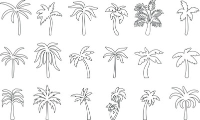 Vector palm tree illustrations, tropical line art, set of 18 palm tree designs. Perfect for logos, icons, summer, beach themes. Editable, detailed, black outline drawings on white background