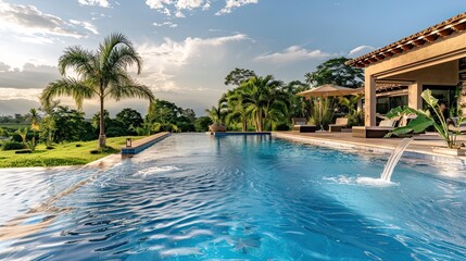 Fototapeta premium A villa's pool area with a smart climate control system, ensuring perfect water temperature throughout the day