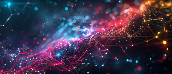 A cosmic dance of digital lines and nodes, glowing in a spectrum of colors across an abstract space.