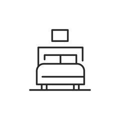 Double bed icon. Simple and modern icon illustrating a double bed with pillows and a headboard, suitable for use in interior design apps and home decor graphics. Vector illustration.