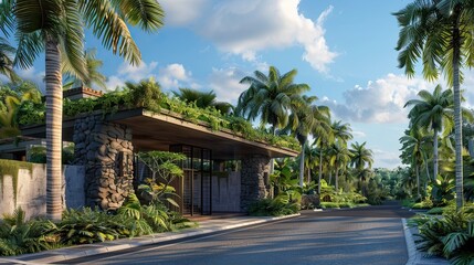 Fototapeta premium A villa entrance with an eco-friendly design, palm trees and green roofs blending with the natural landscape