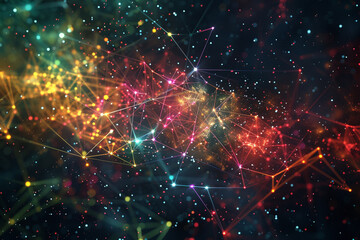 Fototapeta premium A cosmic display of digital points connected by vibrant, shimmering lines in a dark void.