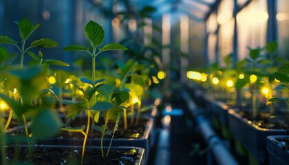 Naklejka premium A biotech greenhouse where scientists cultivate genetically engineered plants with luminescent leaves