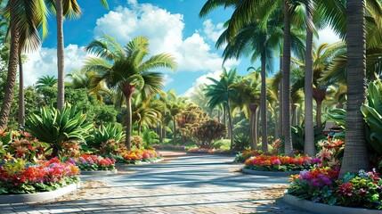 A villa entrance with a vibrant touch, palm trees and colorful tropical flowers lining the path