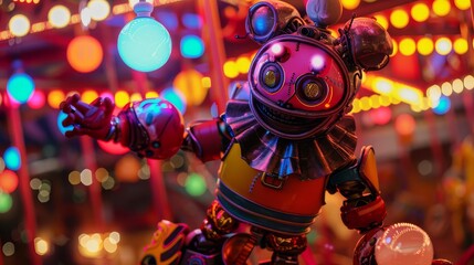 A brightly colored robot clown with steam vents juggling neonlit balls on a steampunk carousel
