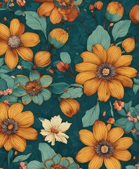 background pattern featuring orange flowers and plants