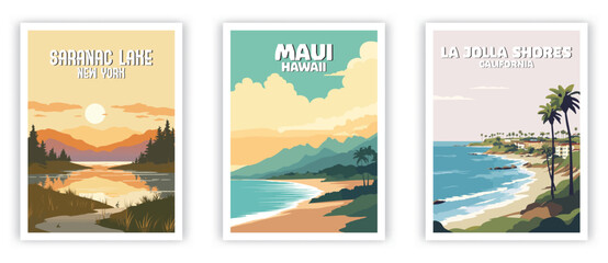 Saranac Lake, Maui, La Jolla Shores Illustration Art. Travel Poster Wall Art. Minimalist Vector art